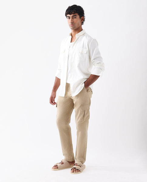 Rare Rabbit Mens Apex Beige Cotton Linen Solid Cargo Style Regular Fit