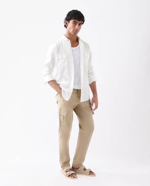 Rare Rabbit Mens Apex Beige Cotton Linen Solid Cargo Style Regular Fit Trouser