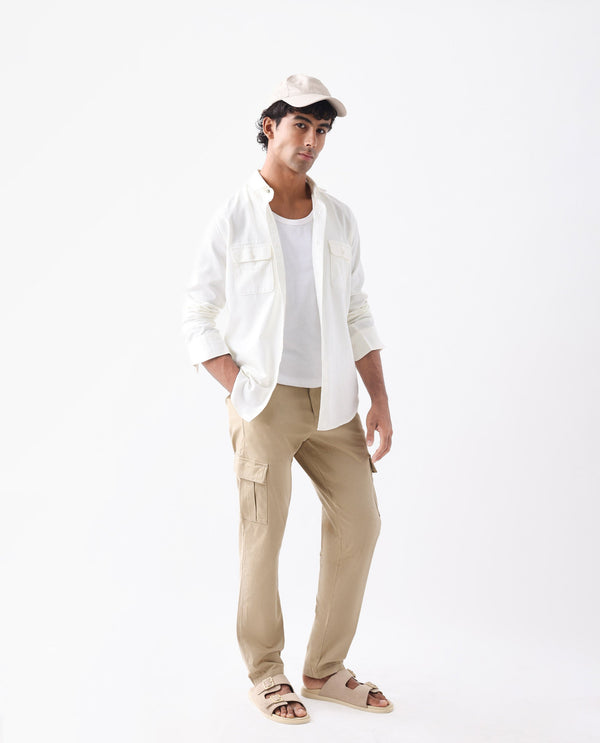 Rare Rabbit Mens Apex Beige Cotton Linen Solid Cargo Style Regular Fit Trouser