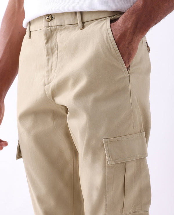 Rare Rabbit Mens Apex Beige Cotton Linen Solid Cargo Style Regular Fit Trouser