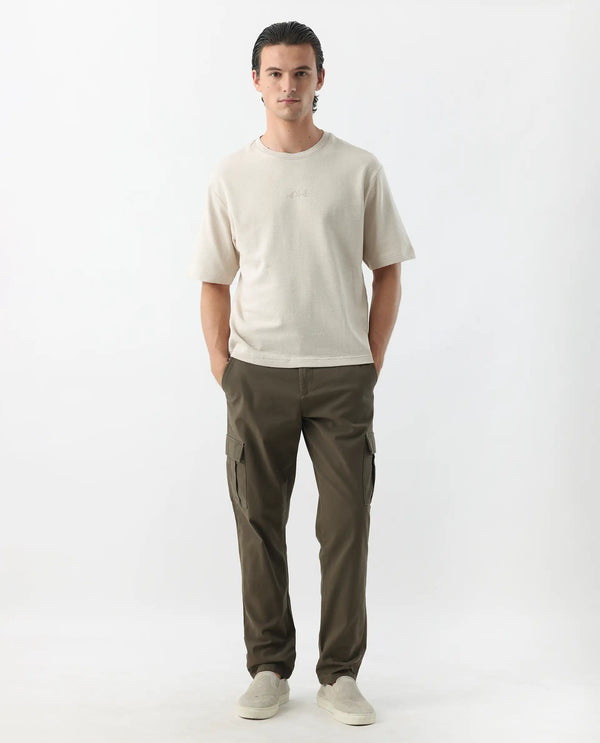 Rare Rabbit Mens Apex Olive Linen Solid Cargo Style Regular Fit Trouser