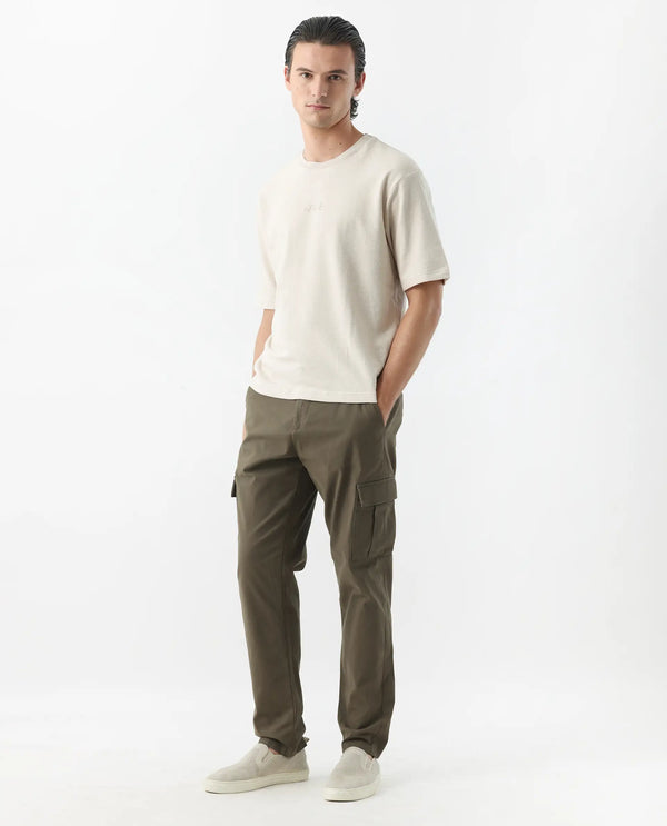 Rare Rabbit Mens Apex Olive Linen Solid Cargo Style Regular Fit Trouser