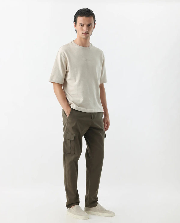 Rare Rabbit Mens Apex Olive Linen Solid Cargo Style Regular Fit Trouser