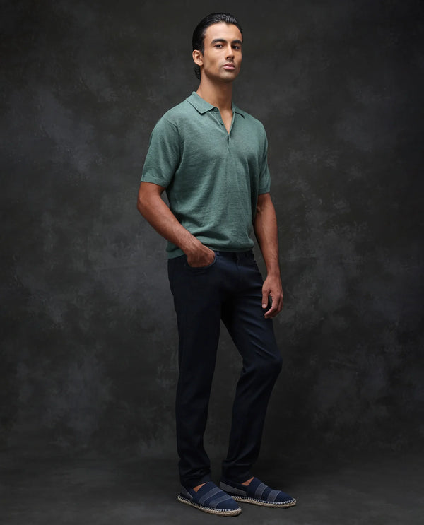 Rare Rabbit Mens Expore Navy Cotton Linen Fabric Regular Fit Solid Trouser