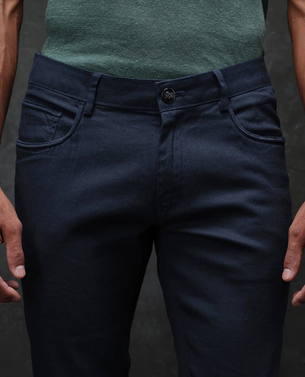 Rare Rabbit Mens Expore Navy Cotton Linen Fabric Regular Fit Solid Trouser