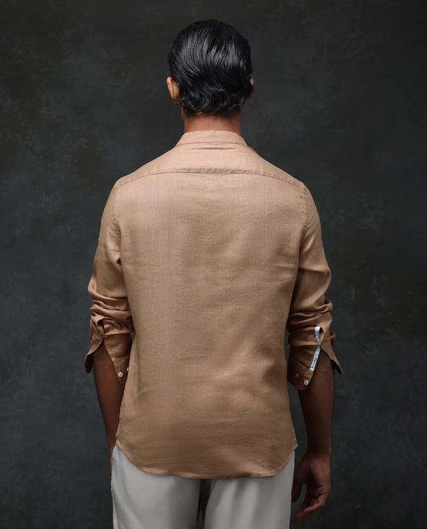 Rare Rabbit Men's Joi Beige Linen Fabric Full Sleeve Mandarin Collar Solid Regular Fit Short Kurta-Suit
