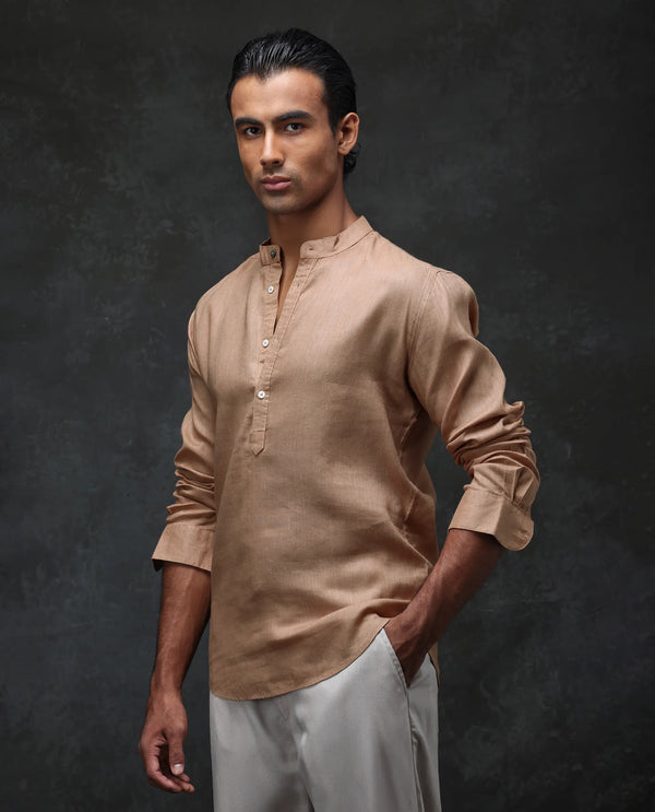 Rare Rabbit Men's Joi Beige Linen Fabric Full Sleeve Mandarin Collar Solid Regular Fit Short Kurta-Suit
