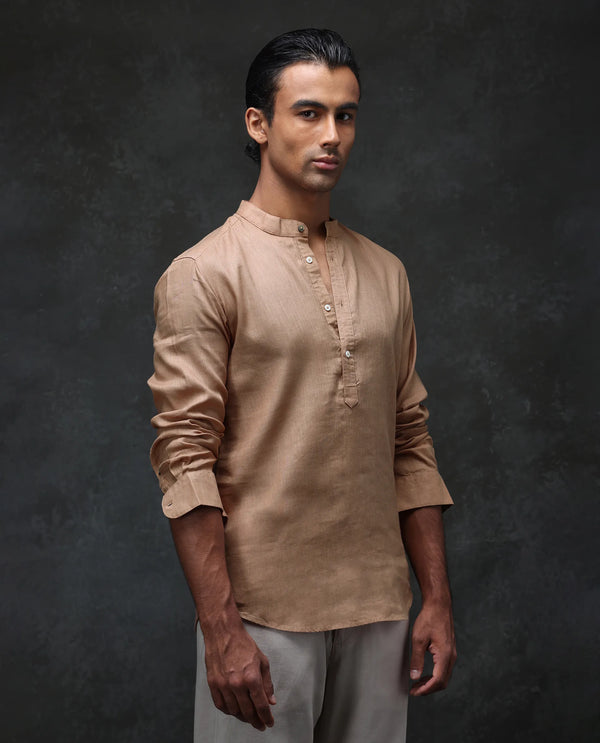 Rare Rabbit Men's Joi Beige Linen Fabric Full Sleeve Mandarin Collar Solid Regular Fit Short Kurta-Suit