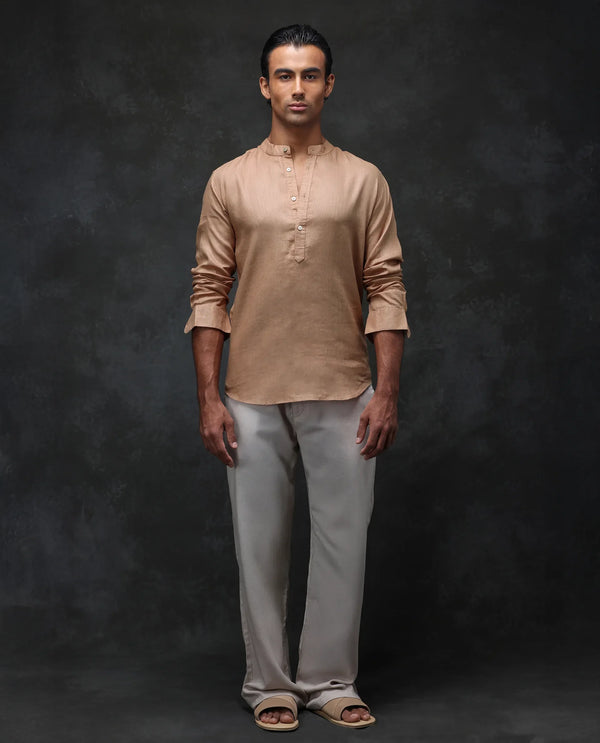 Rare Rabbit Men's Joi Beige Linen Fabric Full Sleeve Mandarin Collar Solid Regular Fit Short Kurta-Suit