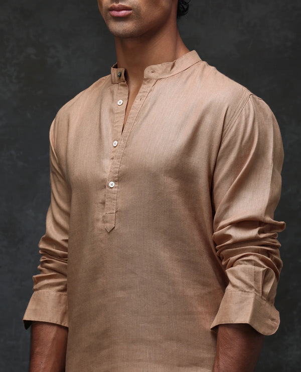 Rare Rabbit Men's Joi Beige Linen Fabric Full Sleeve Mandarin Collar Solid Regular Fit Short Kurta-Suit