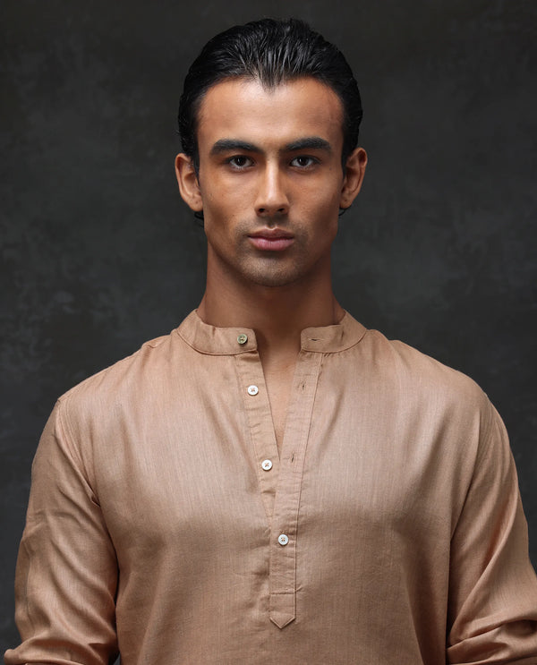 Rare Rabbit Men's Joi Beige Linen Fabric Full Sleeve Mandarin Collar Solid Regular Fit Short Kurta-Suit