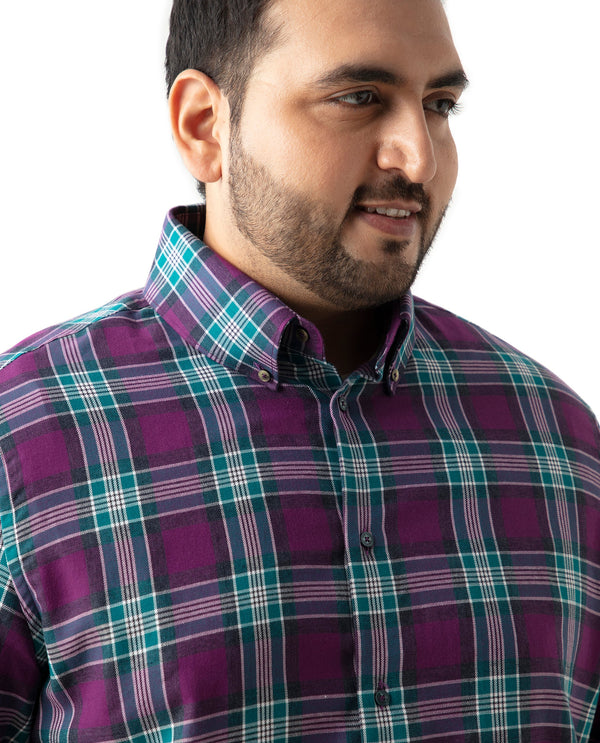 Rare Rabbit Men's Crin Dark Purple Cotton Fabric Full Sleeve Plus size Fit Checks Shirt Plus Size