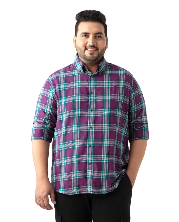 Rare Rabbit Men's Crin Dark Purple Cotton Fabric Full Sleeve Plus size Fit Checks Shirt Plus Size