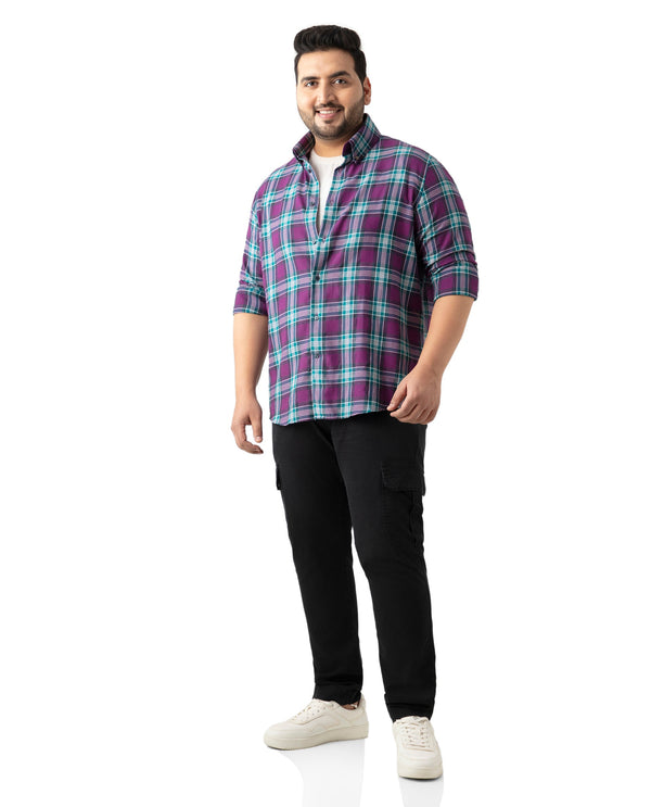 Rare Rabbit Men's Crin Dark Purple Cotton Fabric Full Sleeve Plus size Fit Checks Shirt Plus Size