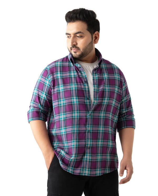 Rare Rabbit Men's Crin Dark Purple Cotton Fabric Full Sleeve Plus size Fit Checks Shirt Plus Size
