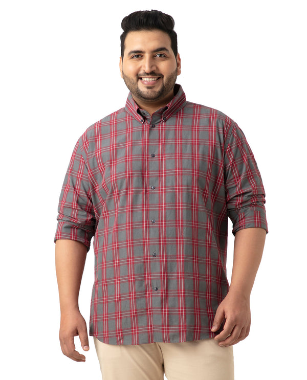 Rare Rabbit Men's Finster Red Cotton Fabric Full Sleeve Collared Neck Checks Shirt Plus Size