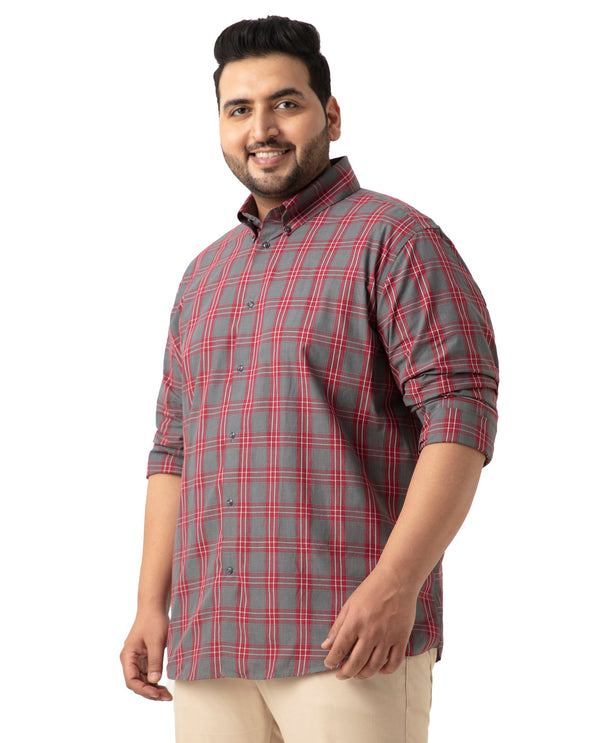 Rare Rabbit Men's Finster Red Cotton Fabric Full Sleeve Collared Neck Checks Shirt Plus Size