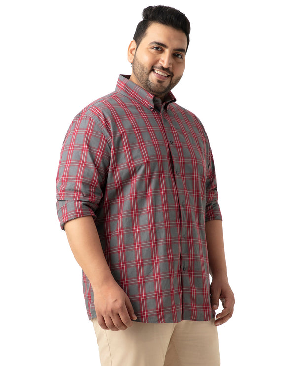 Rare Rabbit Men's Finster Red Cotton Fabric Full Sleeve Collared Neck Checks Shirt Plus Size