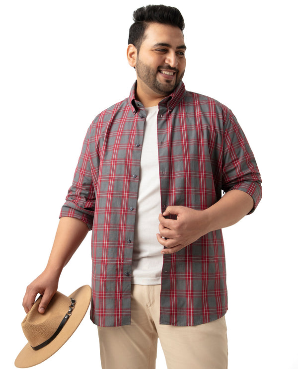 Rare Rabbit Men's Finster Red Cotton Fabric Full Sleeve Collared Neck Checks Shirt Plus Size