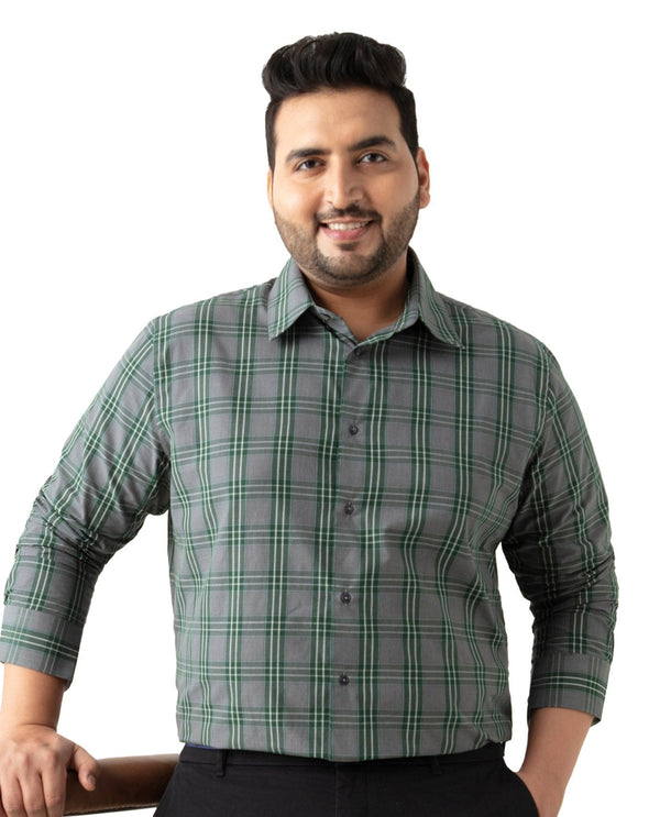 Rare Rabbit Men's Finster Green Cotton Fabric Full Sleeve Collared Neck Checks Shirt Plus Size