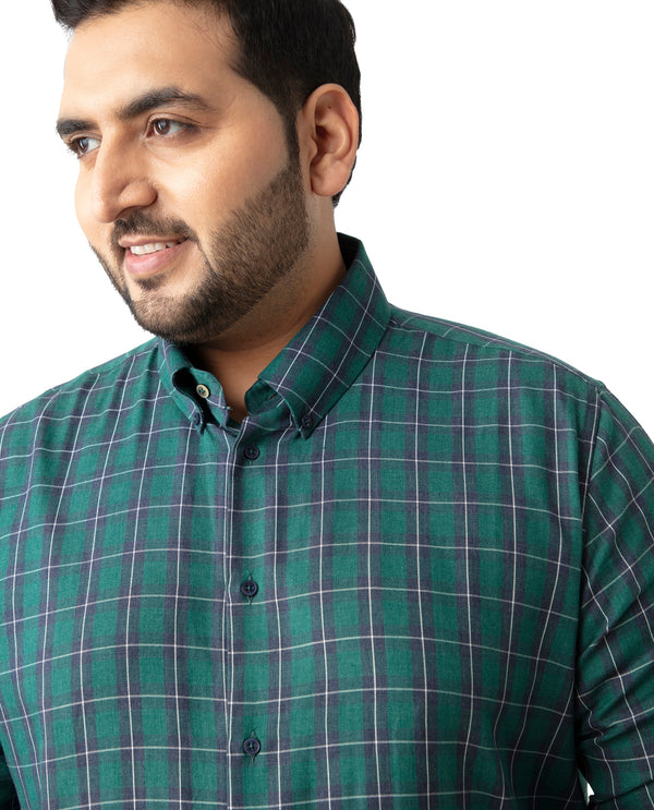 Rare Rabbit Men's Zary Dark Green Cotton Fabric Full Sleeve Button-down Collar Checks Shirt Plus Size