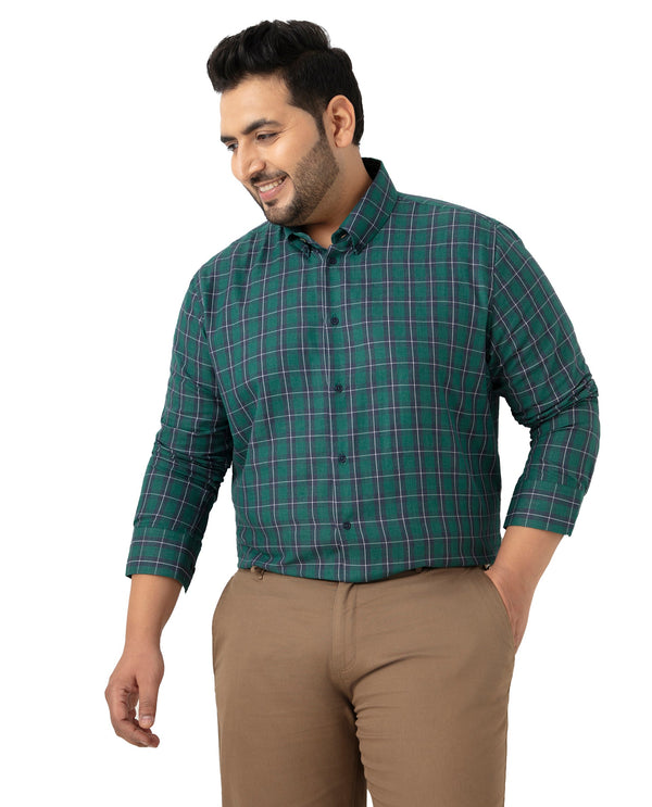 Rare Rabbit Men's Zary Dark Green Cotton Fabric Full Sleeve Button-down Collar Checks Shirt Plus Size