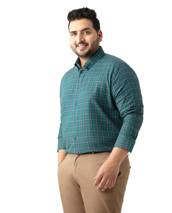 Rare Rabbit Men's Zary Dark Green Cotton Fabric Full Sleeve Button-down Collar Checks Shirt Plus Size