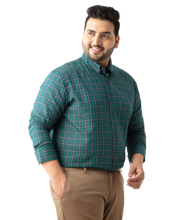 Rare Rabbit Men's Zary Dark Green Cotton Fabric Full Sleeve Button-down Collar Checks Shirt Plus Size