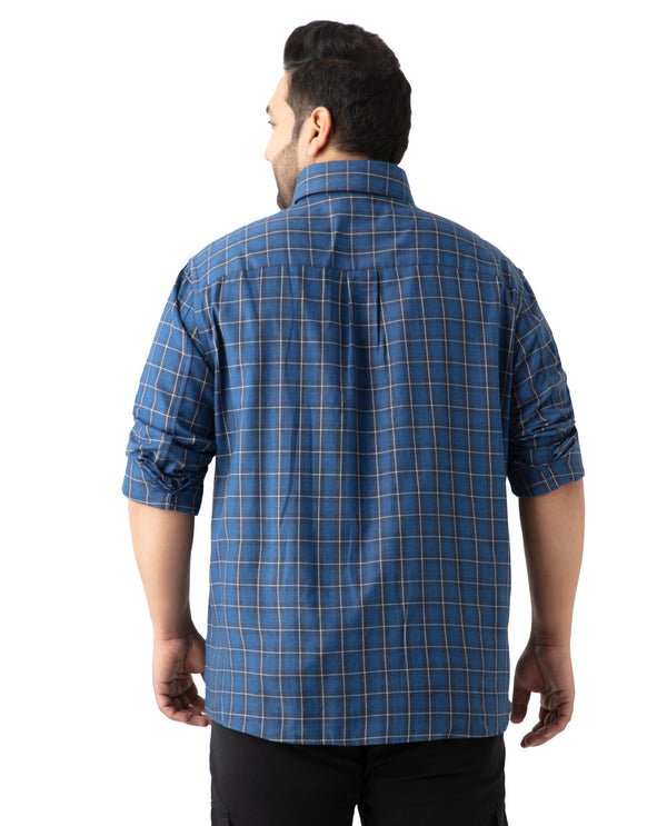 Rare Rabbit Men's Zary Dark Blue Cotton Fabric Full Sleeve Collared Neck Checks Shirt Plus Size