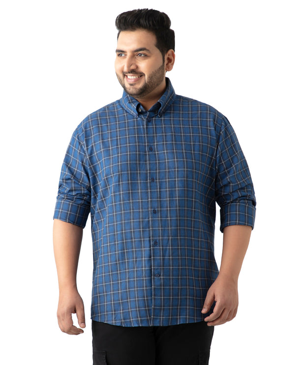 Rare Rabbit Men's Zary Dark Blue Cotton Fabric Full Sleeve Collared Neck Checks Shirt Plus Size