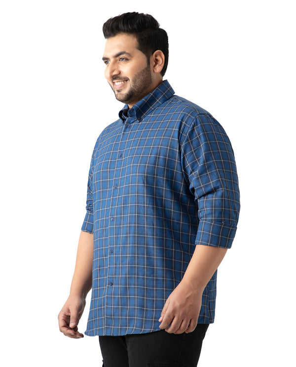 Rare Rabbit Men's Zary Dark Blue Cotton Fabric Full Sleeve Collared Neck Checks Shirt Plus Size