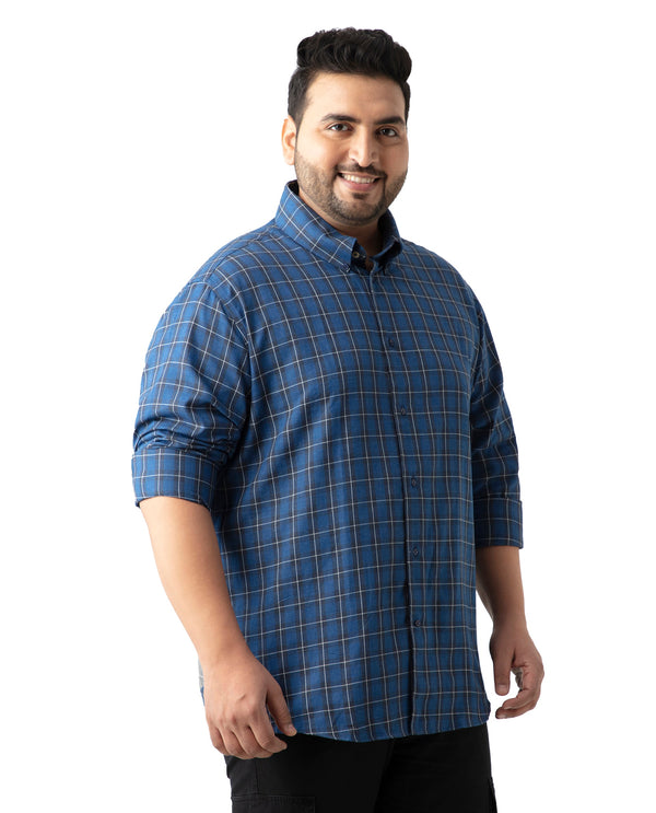 Rare Rabbit Men's Zary Dark Blue Cotton Fabric Full Sleeve Collared Neck Checks Shirt Plus Size