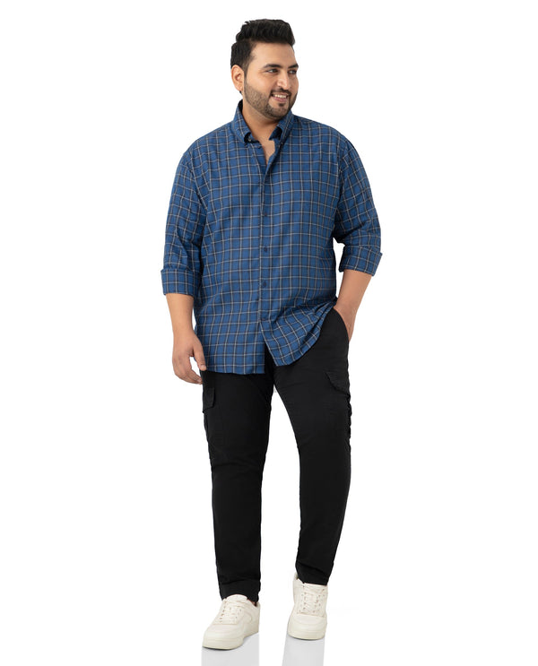 Rare Rabbit Men's Zary Dark Blue Cotton Fabric Full Sleeve Collared Neck Checks Shirt Plus Size