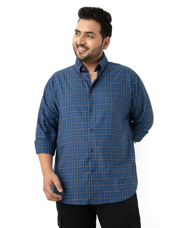 Rare Rabbit Men's Zary Dark Blue Cotton Fabric Full Sleeve Collared Neck Checks Shirt Plus Size