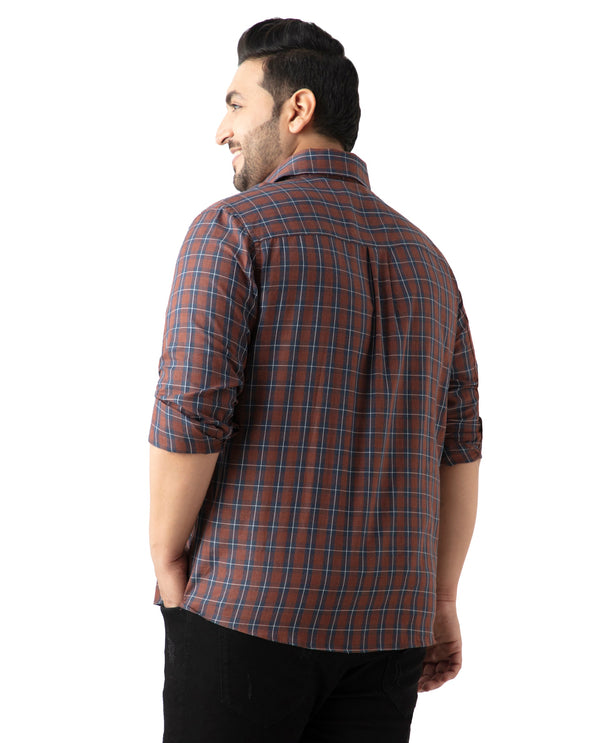 Rare Rabbit Men's Zary Brown Cotton Fabric Full Sleeve Collared Neck Checks Shirt Plus Size