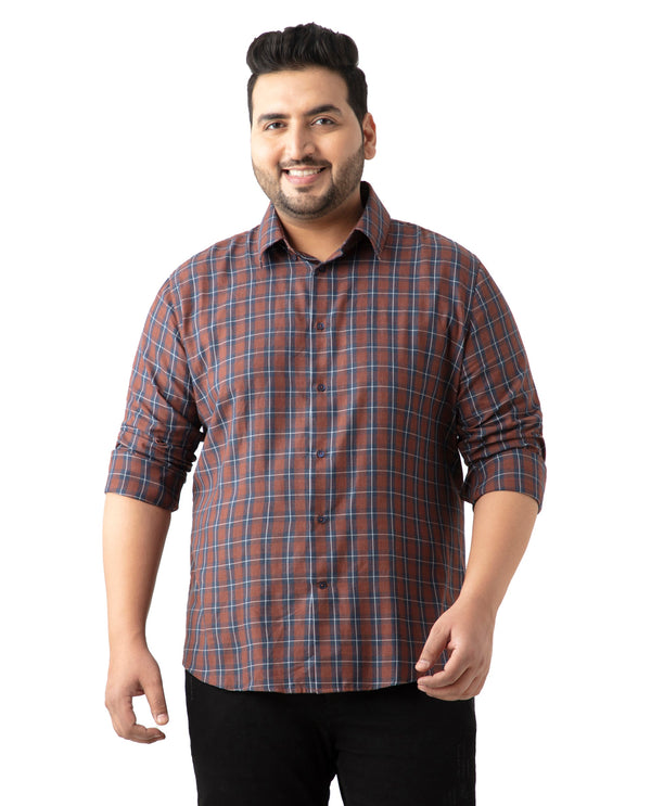 Rare Rabbit Men's Zary Brown Cotton Fabric Full Sleeve Collared Neck Checks Shirt Plus Size