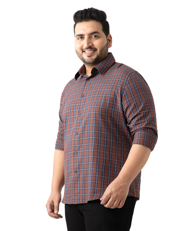 Rare Rabbit Men's Zary Brown Cotton Fabric Full Sleeve Collared Neck Checks Shirt Plus Size
