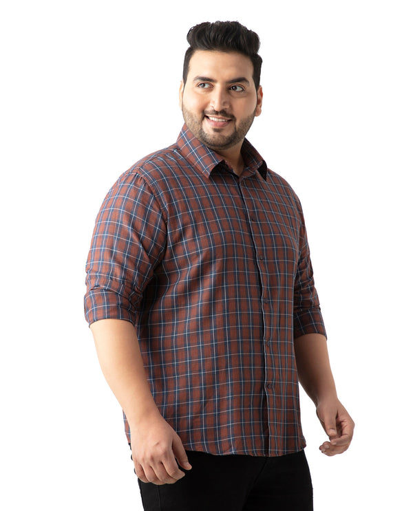 Rare Rabbit Men's Zary Brown Cotton Fabric Full Sleeve Collared Neck Checks Shirt Plus Size