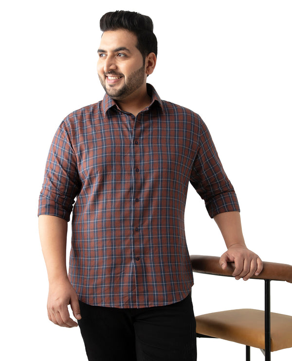 Rare Rabbit Men's Zary Brown Cotton Fabric Full Sleeve Collared Neck Checks Shirt Plus Size