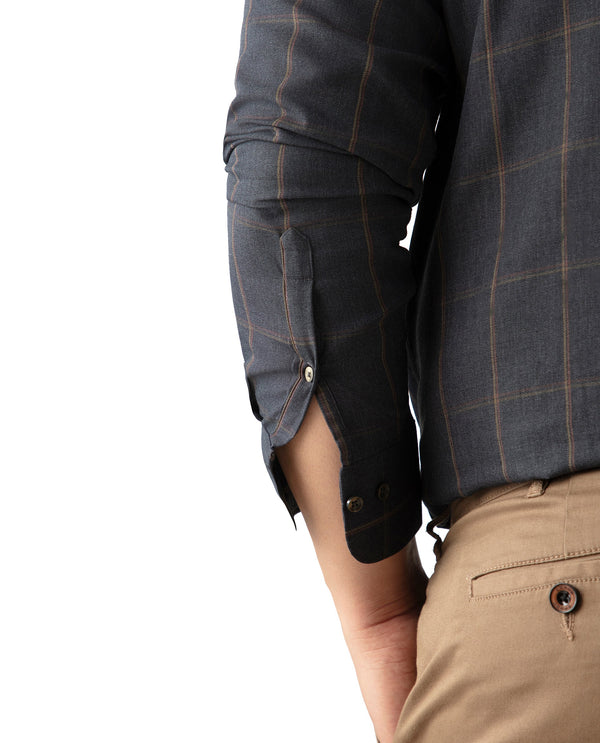 Rare Rabbit Men's Ropos-2 Grey Cotton Fabric Full Sleeve Collared Neck Checks Shirt Plus Size