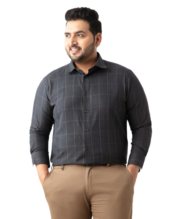 Rare Rabbit Men's Ropos-2 Grey Cotton Fabric Full Sleeve Collared Neck Checks Shirt Plus Size