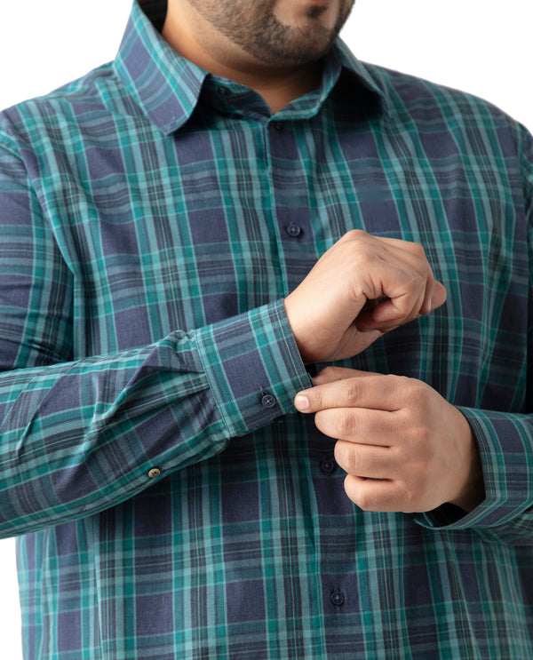 Rare Rabbit Men's Libya Turq Cotton Fabric Full Sleeve Plus Size Fit Checks Shirt