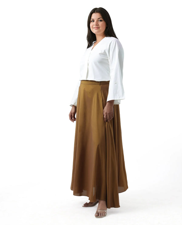 Rareism Women Yesmar Metallic Gold Zipper Closure Flared Maxi Plain Skirt