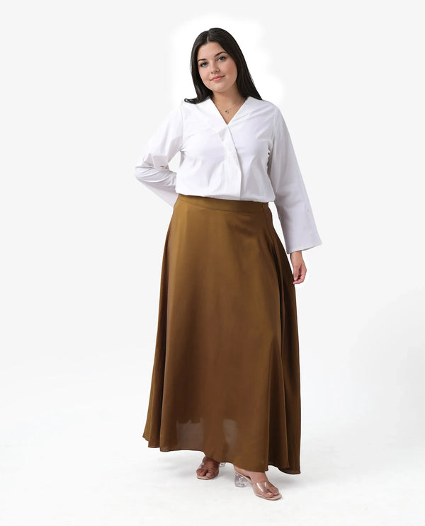 Rareism Women Yesmar Metallic Gold Zipper Closure Flared Maxi Plain Skirt