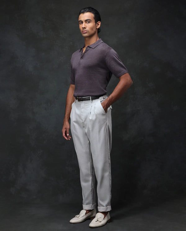 Rare Rabbit Men Rhesa Grey Linen Blend Pleated Button Closure Relaxed Fit Plain Trouser