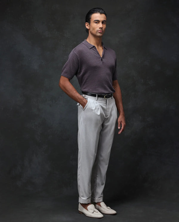 Rare Rabbit Men Rhesa Grey Linen Blend Pleated Button Closure Relaxed Fit Plain Trouser
