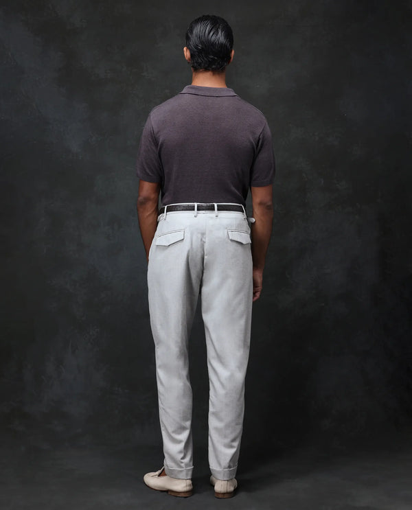 Rare Rabbit Men Rhesa Grey Linen Blend Pleated Button Closure Relaxed Fit Plain Trouser