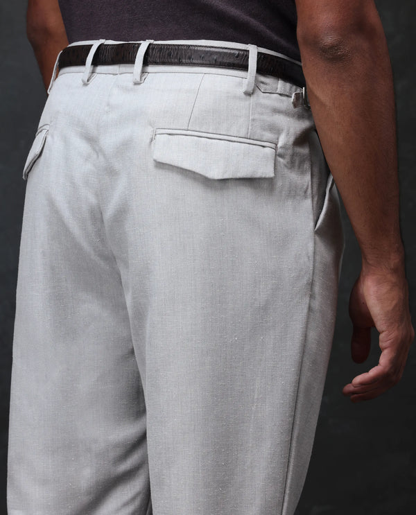 Rare Rabbit Men Rhesa Grey Linen Blend Pleated Button Closure Relaxed Fit Plain Trouser