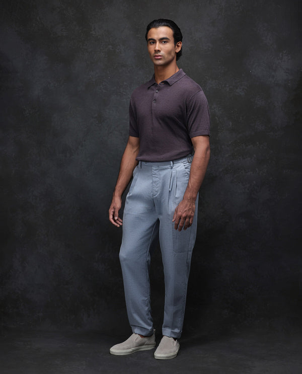 Rare Rabbit Men Rhesa Light Blue Linen Blend Pleated Button Closure Relaxed Fit Plain Trouser