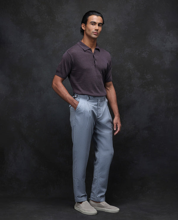 Rare Rabbit Men Rhesa Light Blue Linen Blend Pleated Button Closure Relaxed Fit Plain Trouser